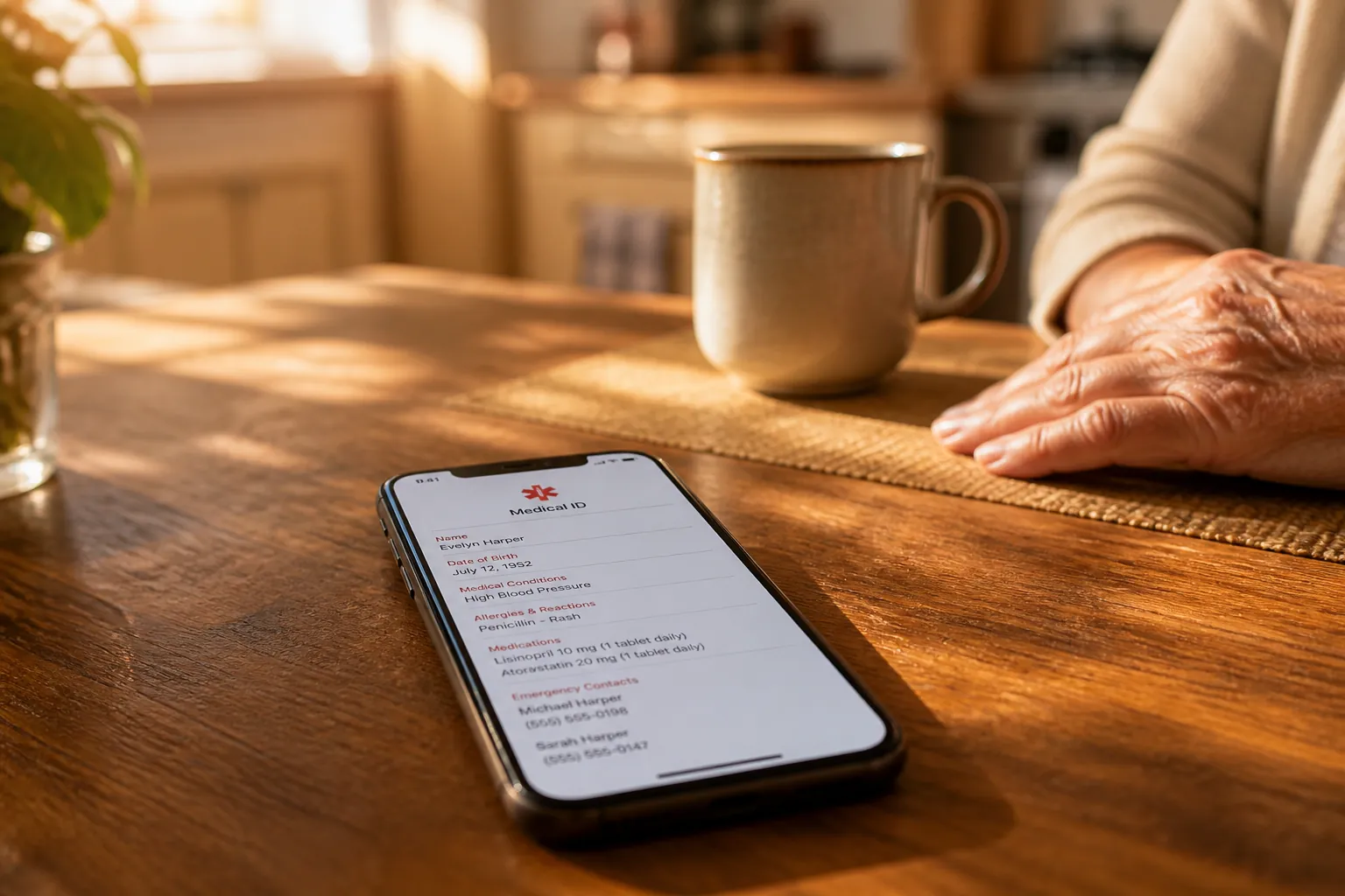 An iPhone on a warm kitchen table near an older adult's hand and coffee mug