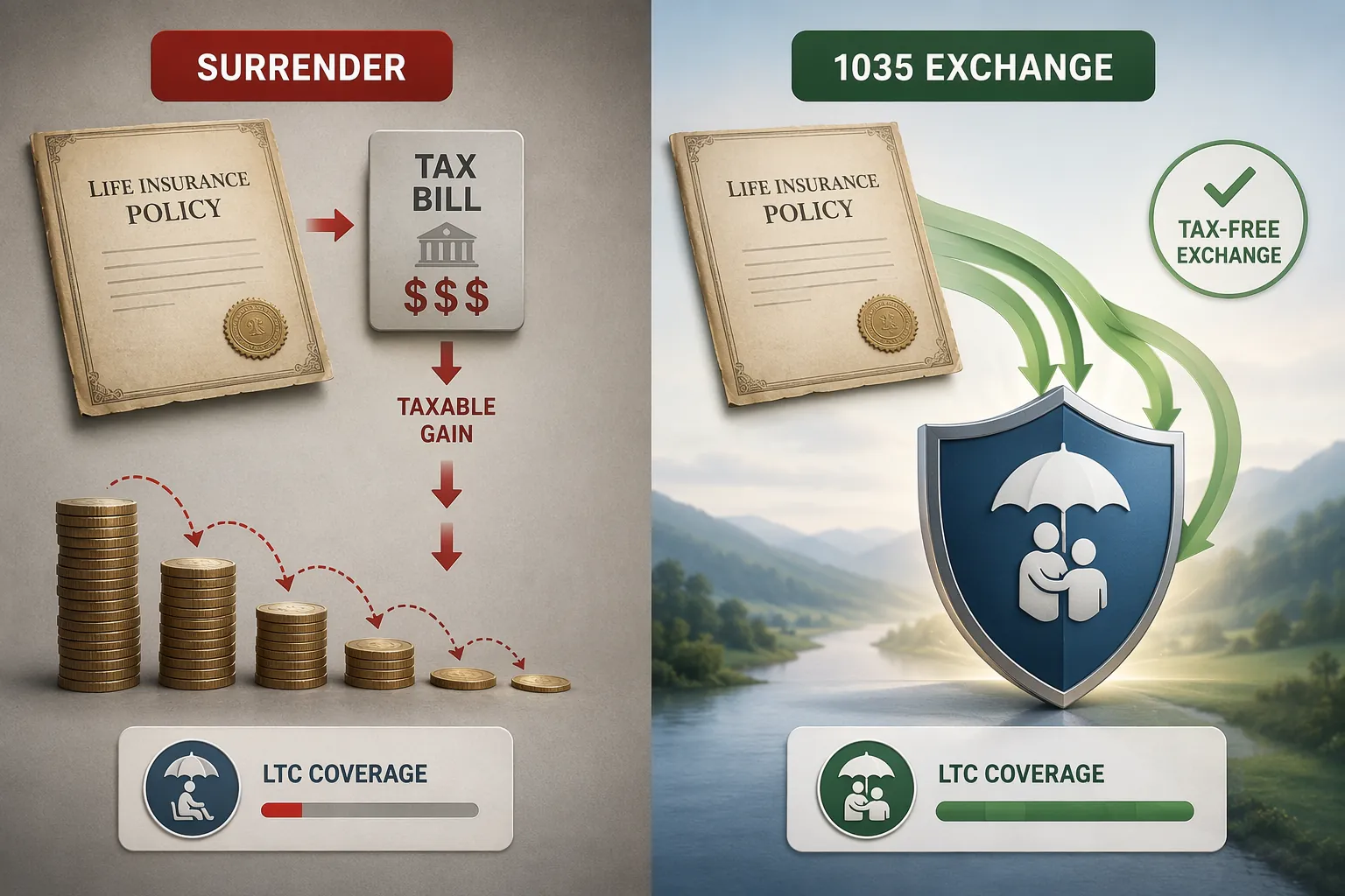 Comparison of surrendering a policy versus using a 1035 exchange for long-term care coverage