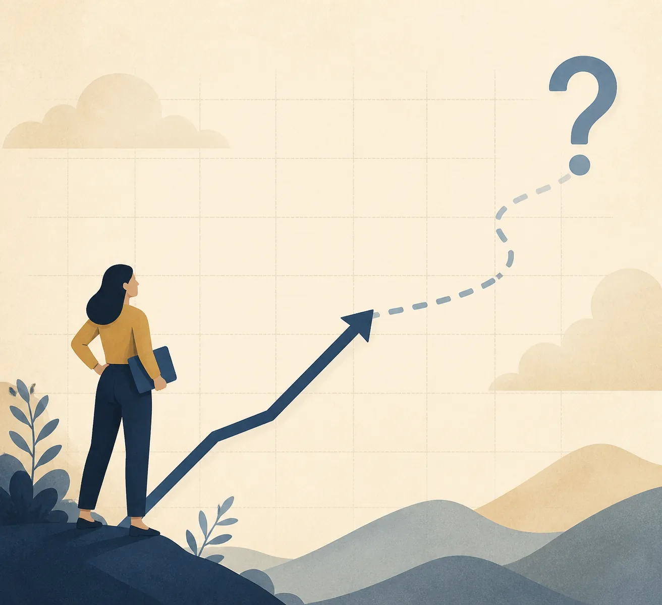 Upward arrow becoming a dashed uncertain line ending in a question mark over chart gridlines