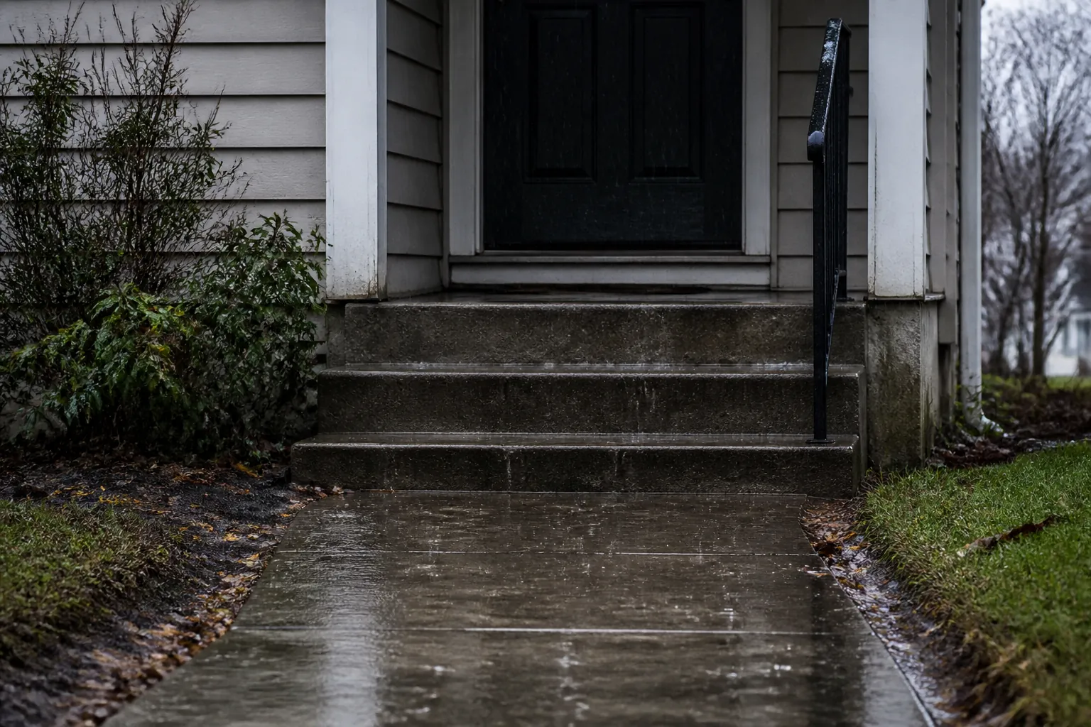 Wet concrete walkway, shallow entry steps, pooled rainwater, leaves, threshold, and one handrail outside a home in steady rain