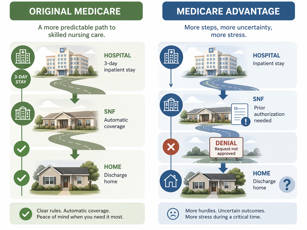 A clean editorial comparison illustration showing two coverage paths side by side. The left path labeled 'Original Medicare' shows a road from a hospital with a 3-day badge to a SNF building with automatic coverage green checkmarks to home discharge. The right path labeled 'Medicare Advantage' shows a road from a hospital to a SNF building with a prior authorization document icon and a denial sign, then home with a question mark.