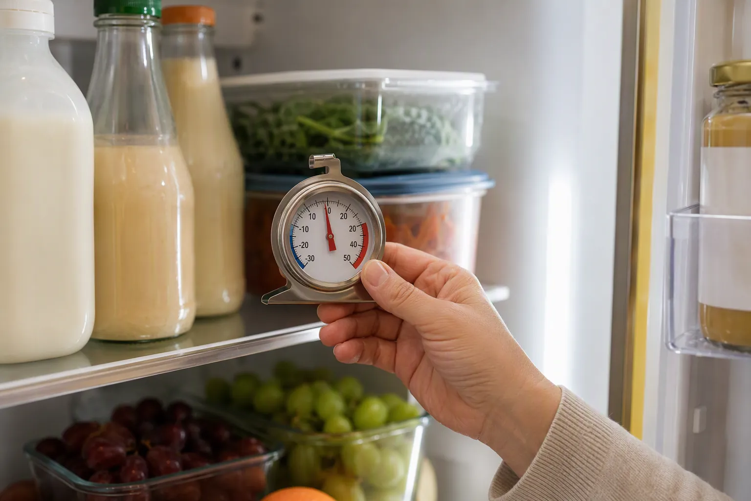 Caregiver holding a refrigerator thermometer inside a refrigerator