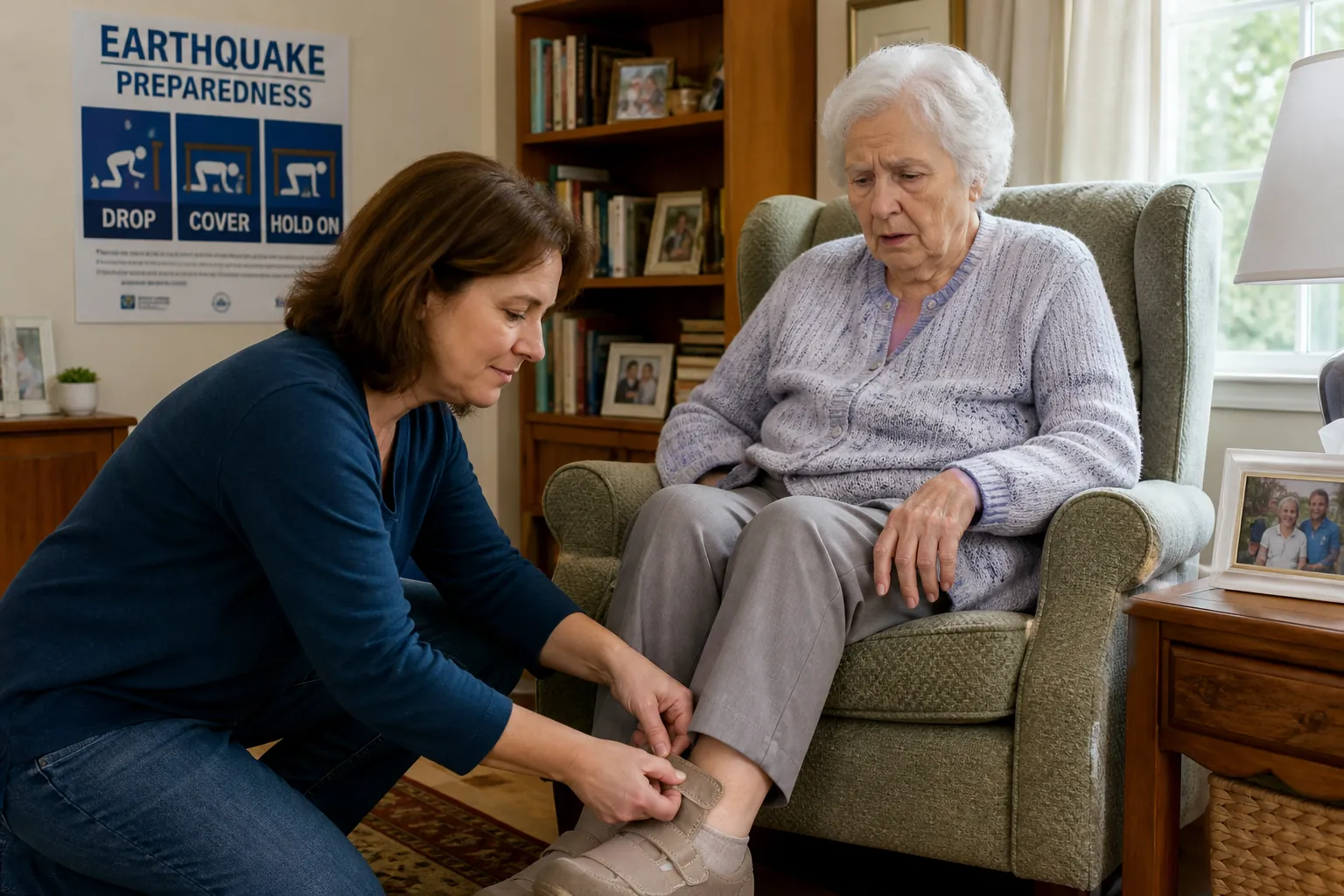 Caregiver securing Velcro shoes on an older adult with dementia near an earthquake preparedness poster