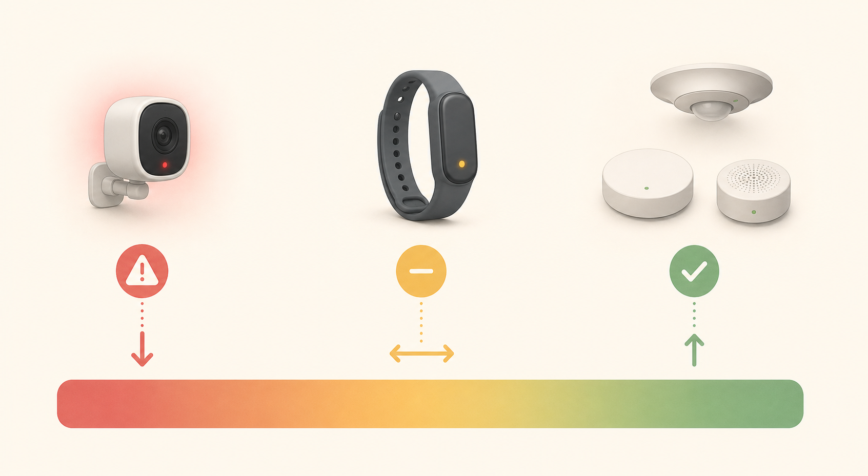 Horizontal spectrum illustration showing three monitoring approaches: a camera icon with red caution and low acceptance arrow; a wearable band icon with yellow moderate acceptance; and three abstract sensor nodes with green checkmark and highest acceptance arrow.