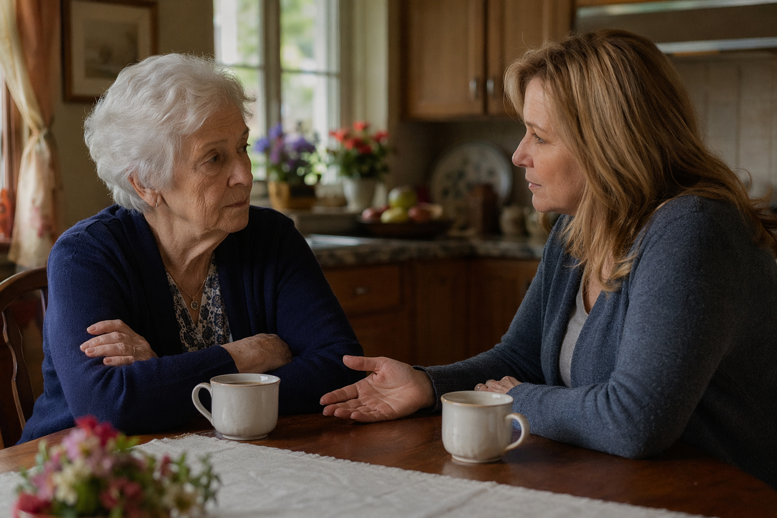 A close interior view of a kitchen table scene: an elderly woman sits with arms crossed, looking guarded, while a middle-aged woman leans forward with a caring expression, two coffee cups between them.