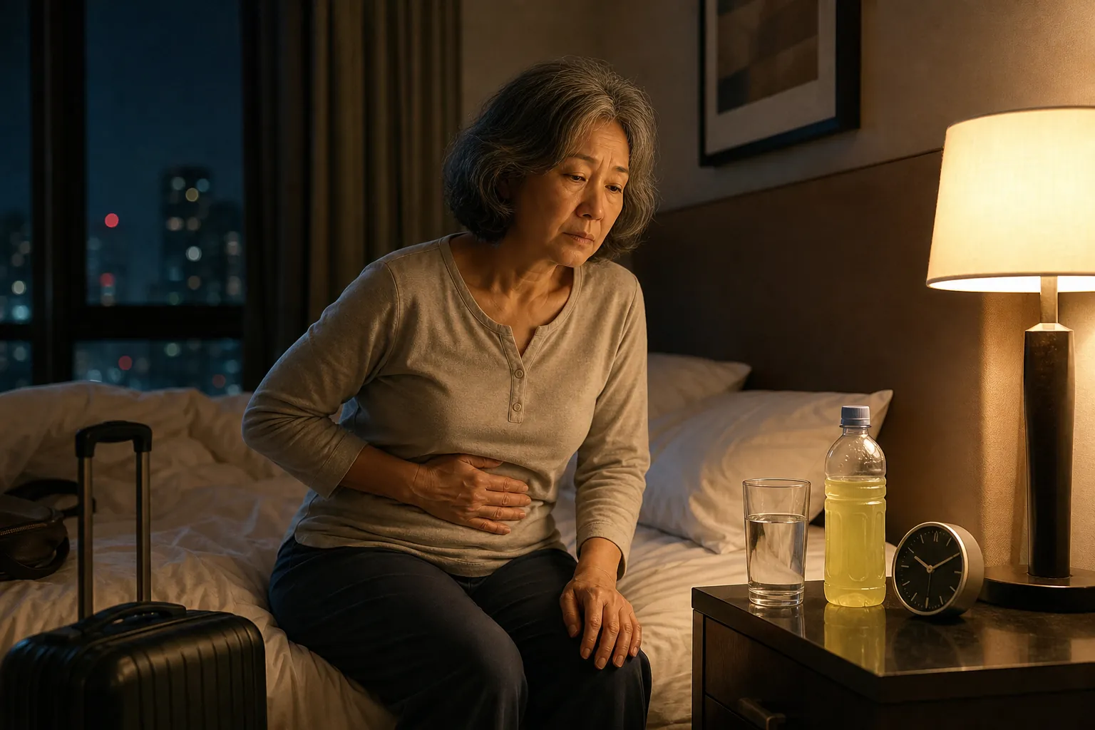 Older traveler sitting on a dim hotel bed at night feeling unwell with water and rehydration drink on the nightstand