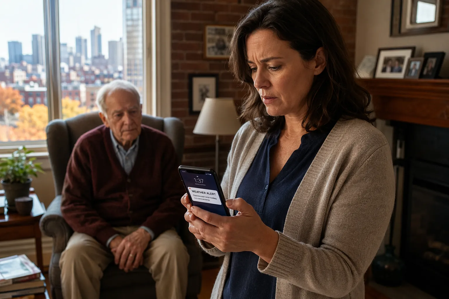 Adult daughter checking a weather alert on her phone while an elderly man sits in a Boston apartment