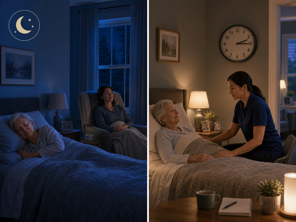 A side-by-side editorial illustration showing two nighttime home care scenarios: on the left, a peaceful sleeping senior with a resting caregiver representing live-in care; on the right, an awake, attentive caregiver monitoring a senior at night representing shift-based 24/7 care.
