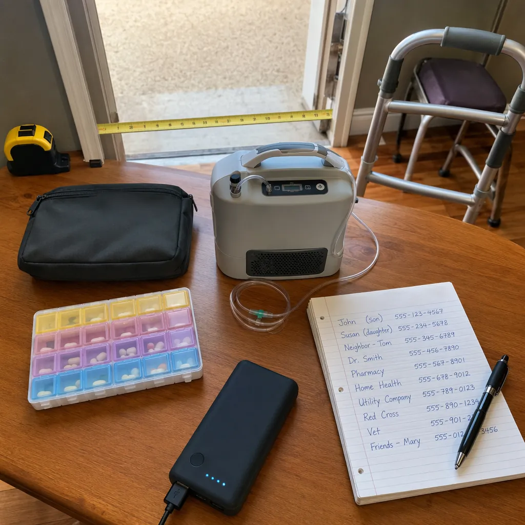 Pre-season wildfire evacuation supplies including a tape measure, walker, oxygen concentrator, pill organizer, backup battery, and contact list