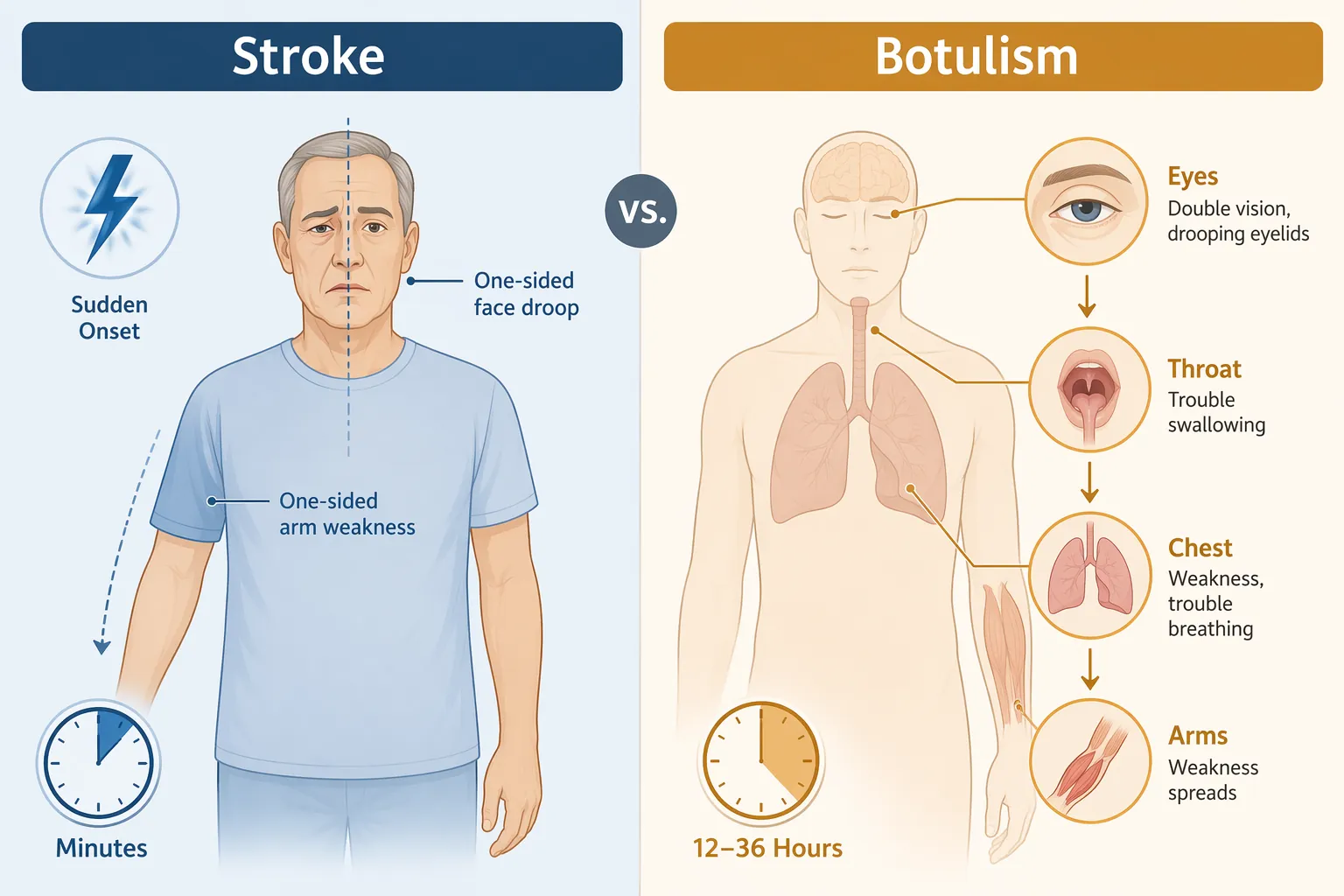 Side-by-side illustration comparing stroke timing and one-sided weakness with botulism timing and descending symptoms