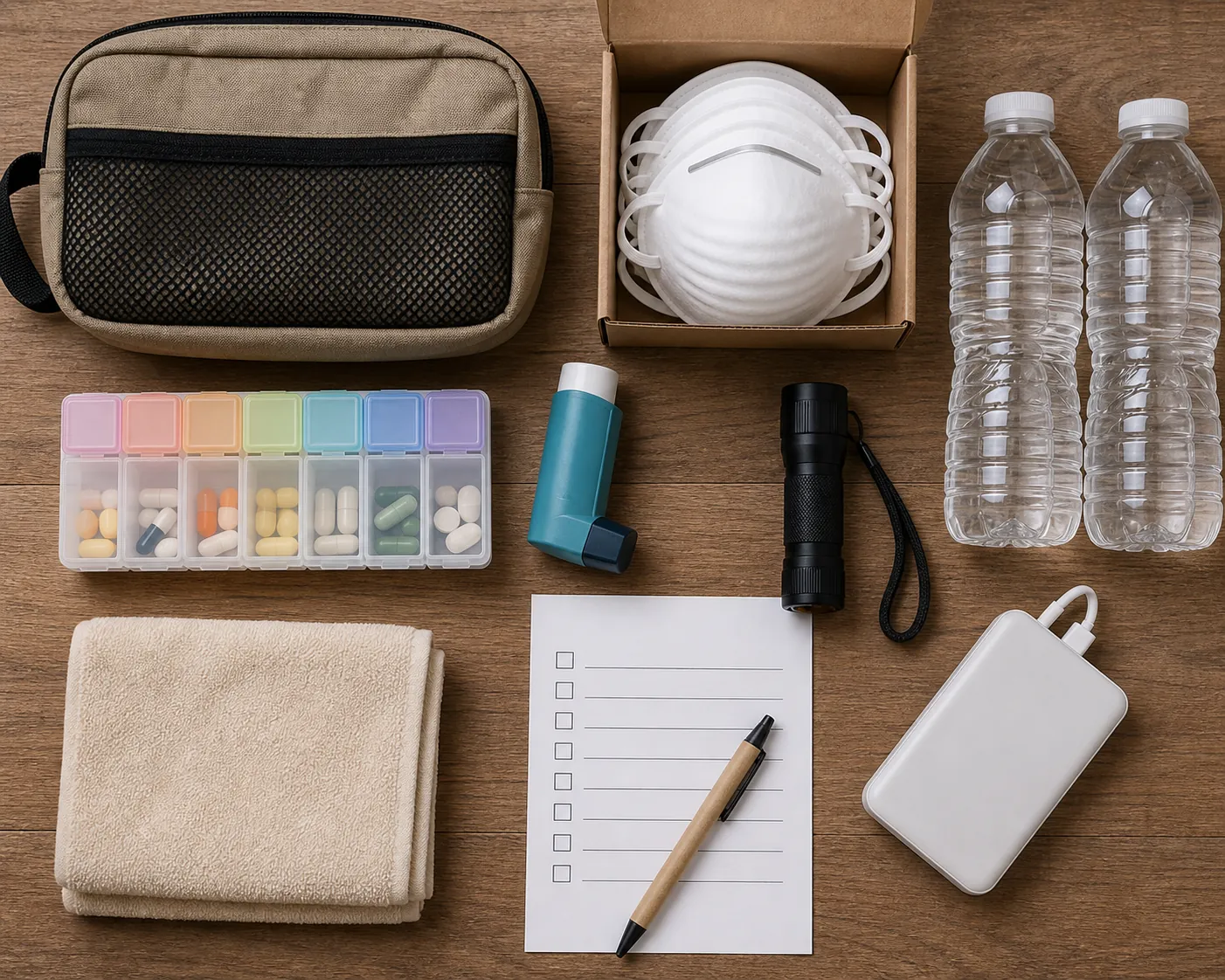Dust storm preparedness kit with pill organizer, inhaler, N95 respirators, flashlight, water, checklist, and backup power bank