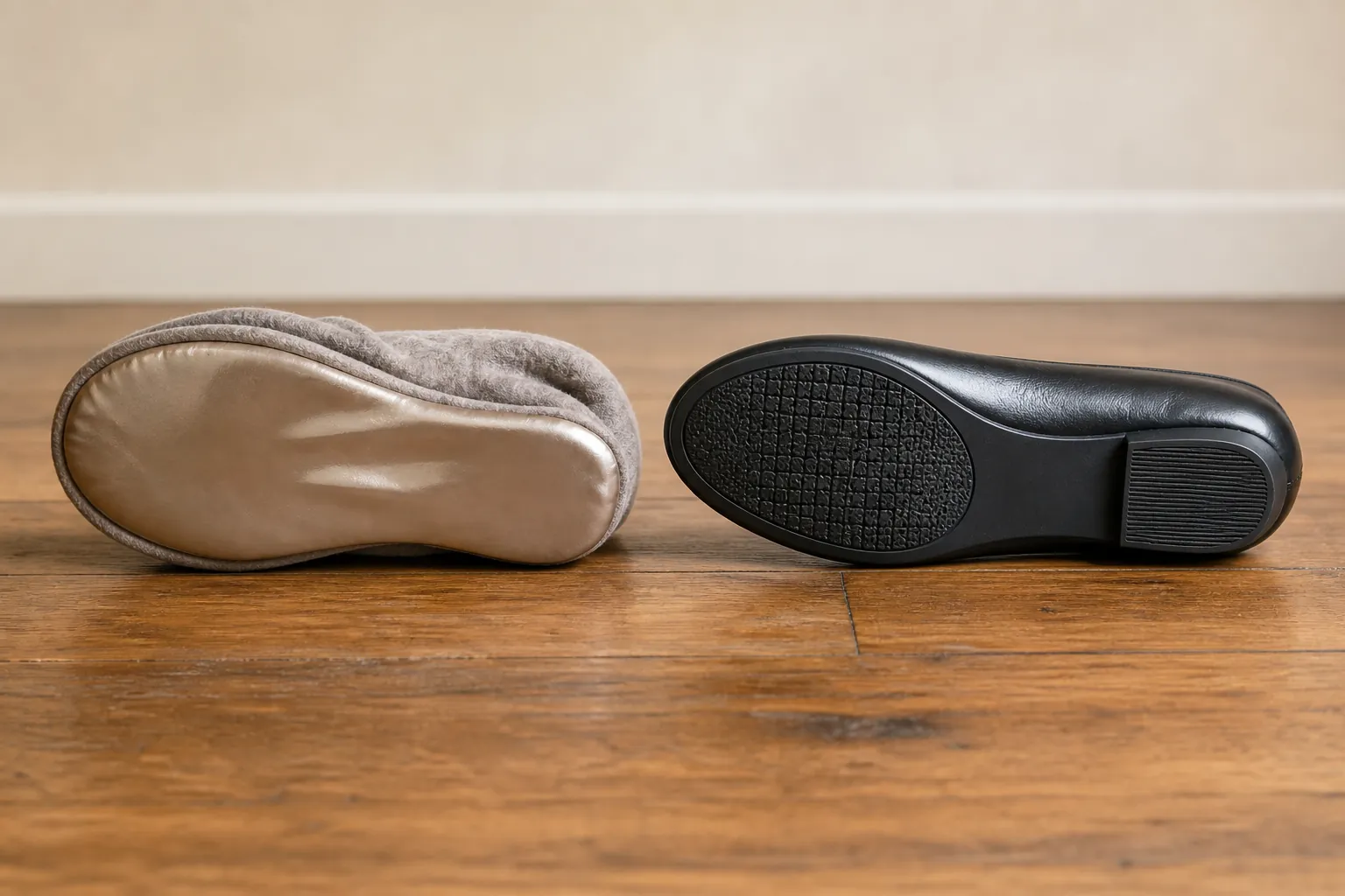 Comparison of a floppy smooth-soled slipper and a polished flat shoe with a textured grip sole
