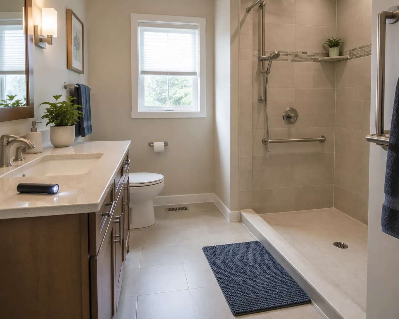 Senior-friendly bathroom with grab bar, non-slip bath mat, and LED flashlight