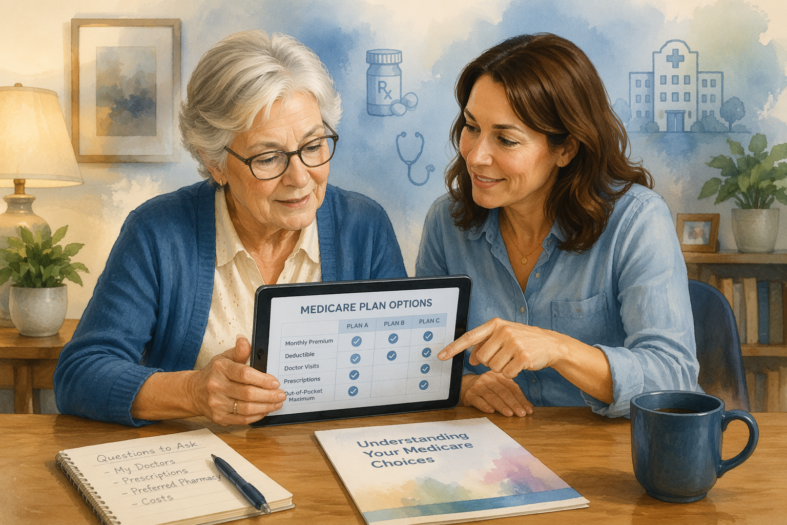 A senior woman and her adult daughter reviewing Medicare plan documents on a tablet together at a wooden table.