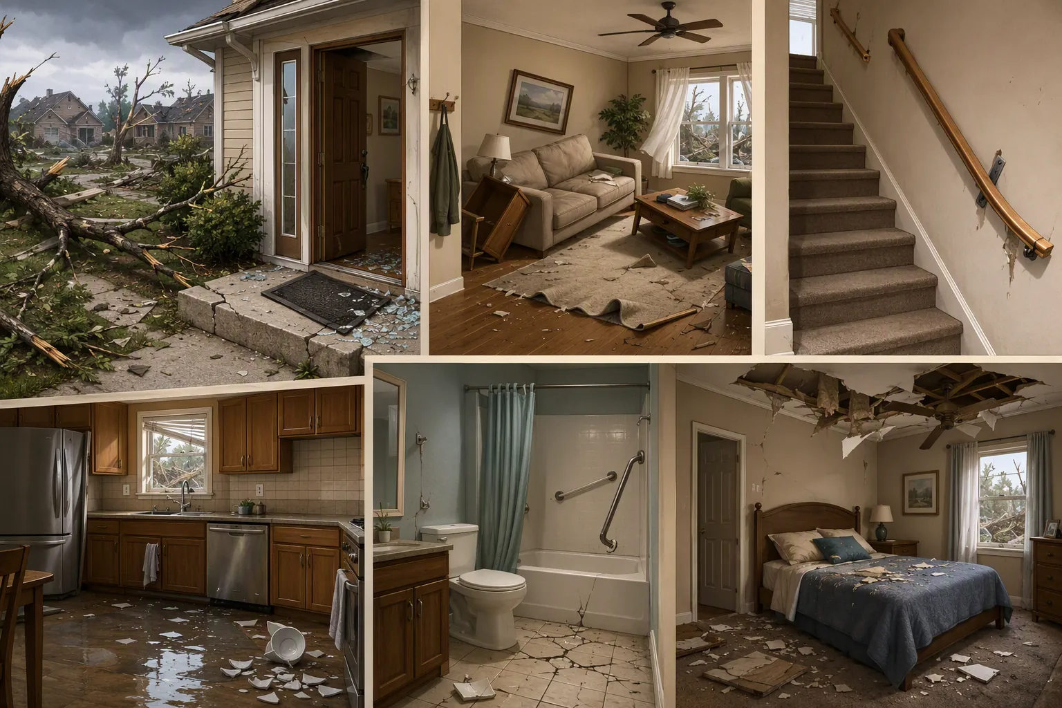 Split-view illustration of exterior and interior tornado fall hazards including debris, broken glass, shifted furniture, loose handrail, cracked tile, damaged grab bar, and ceiling debris