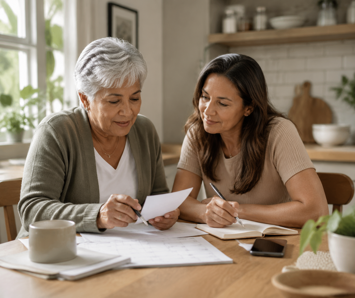 An older adult and a middle-aged woman reviewing benefit paperwork at a kitchen table