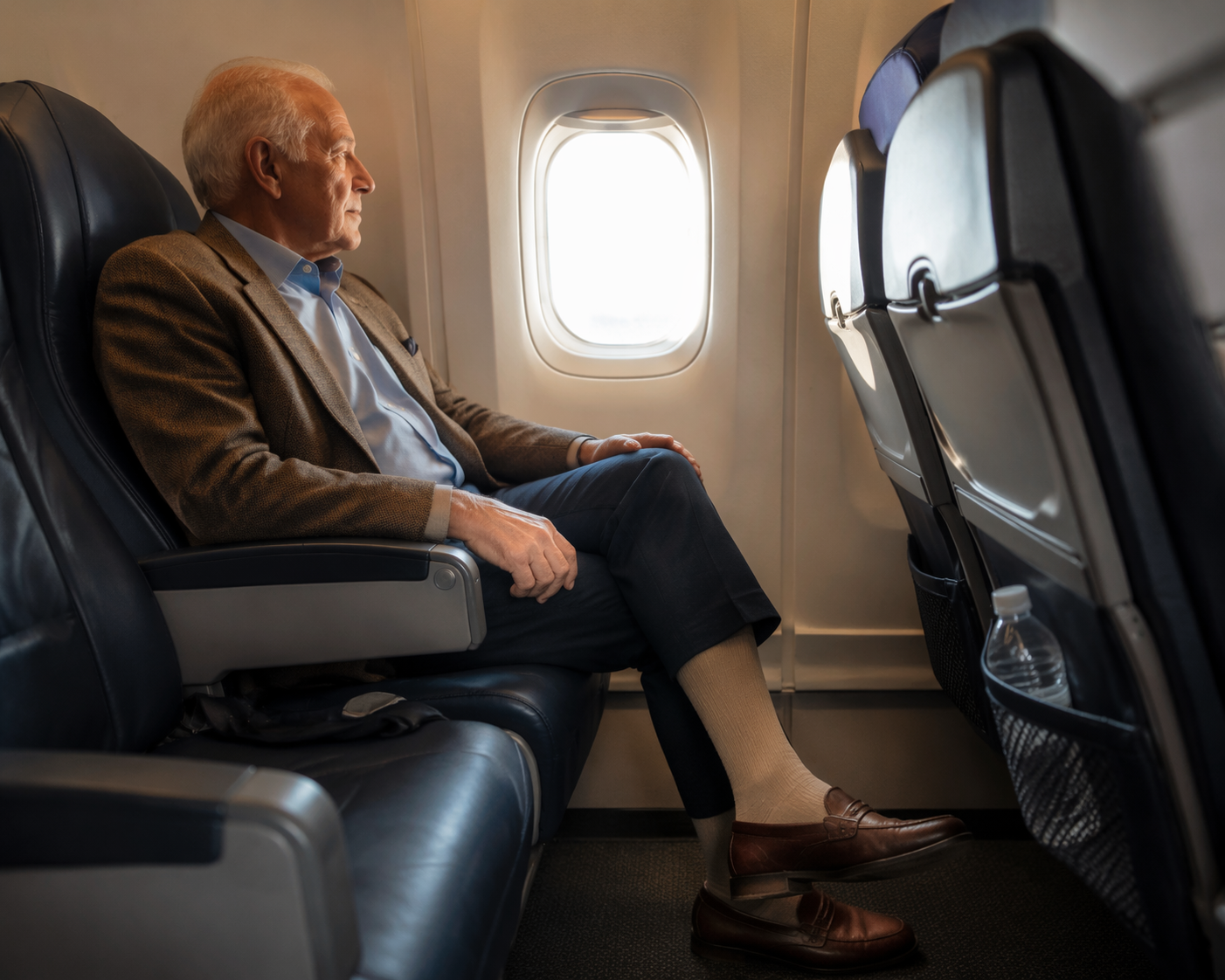 Older man seated calmly on an airplane wearing compression stockings with water nearby
