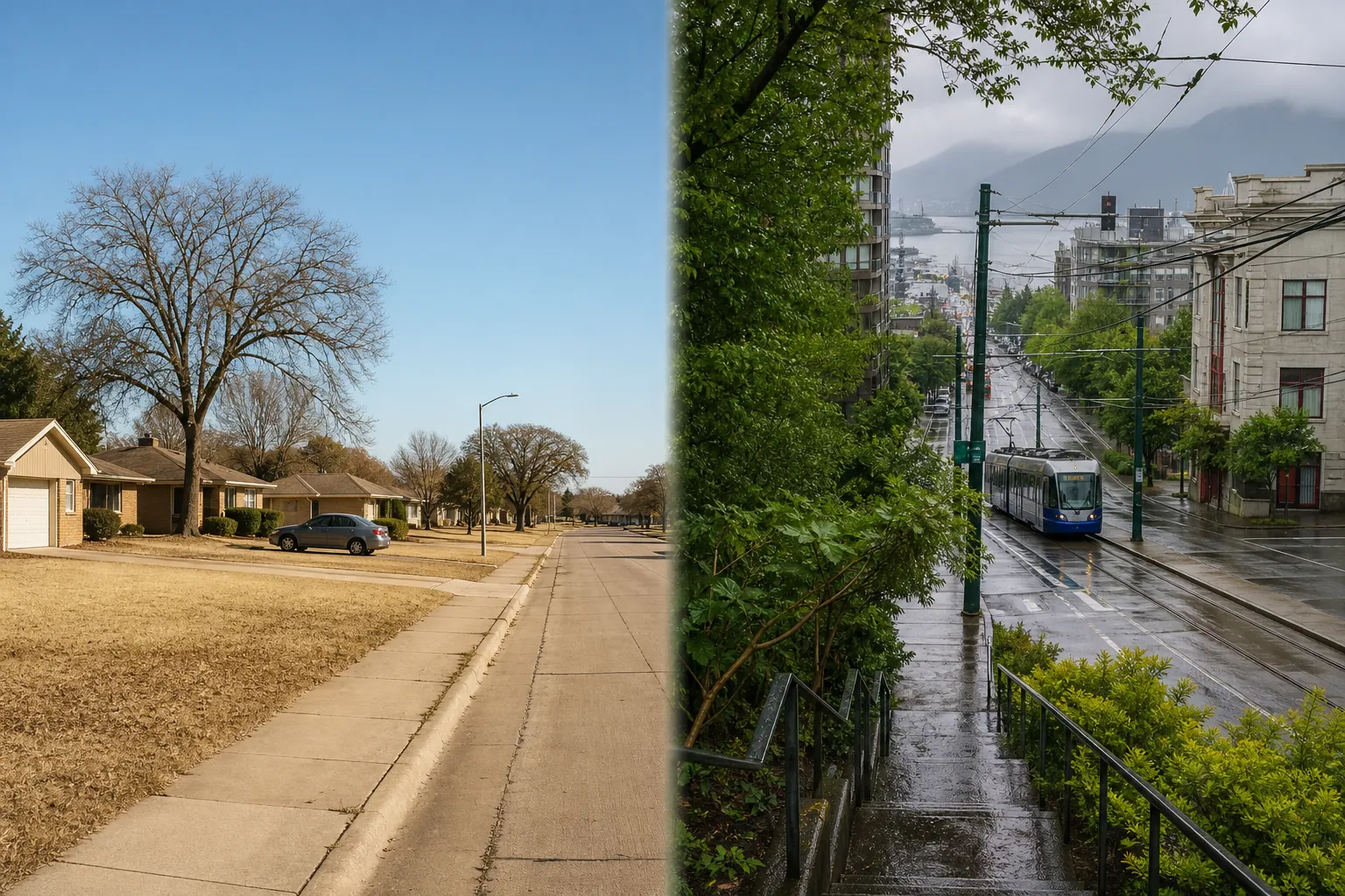 Dry flat Dallas-style street contrasted with a wet hilly Vancouver-style street