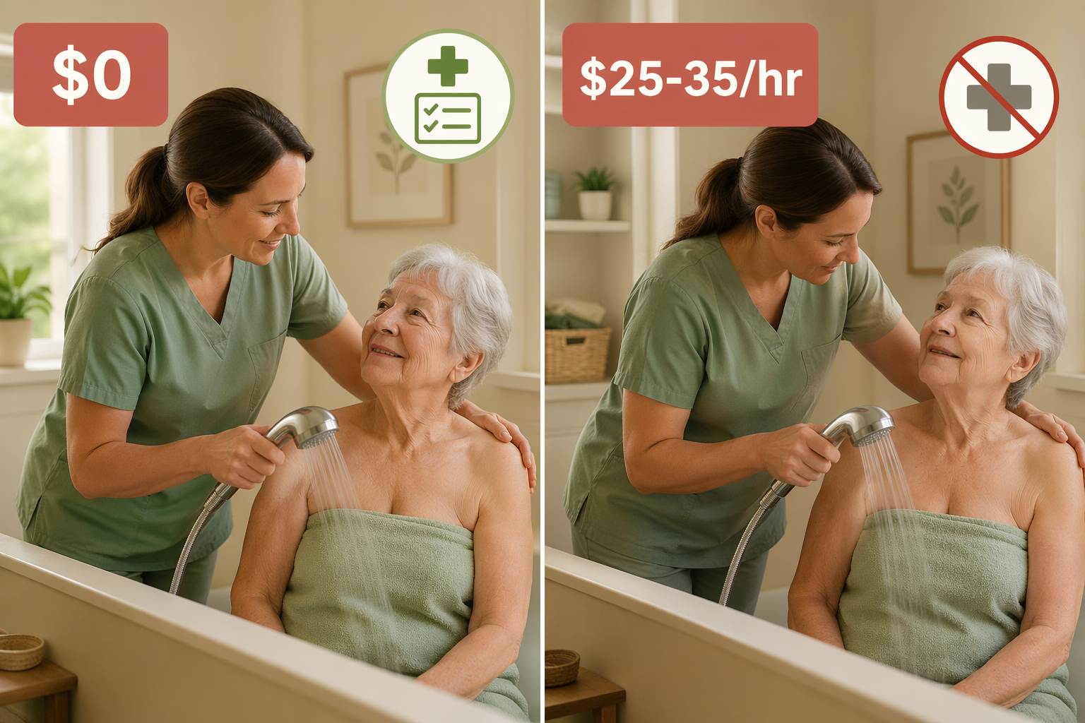 Side-by-side comparison: same bathing scene on both halves, left labeled $0 with a medical icon, right labeled $25-35/hr with a crossed-out medical icon, on warm cream and sage green tones.