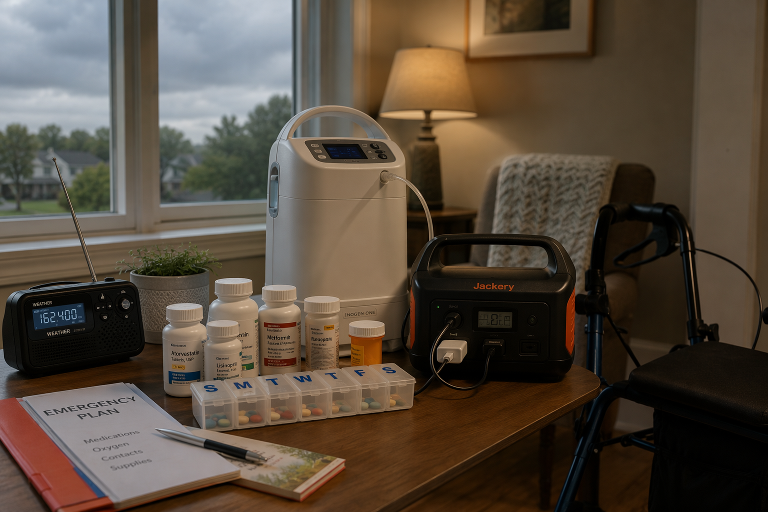 Organized medications, oxygen equipment, backup power, and a walker prepared for severe weather at home