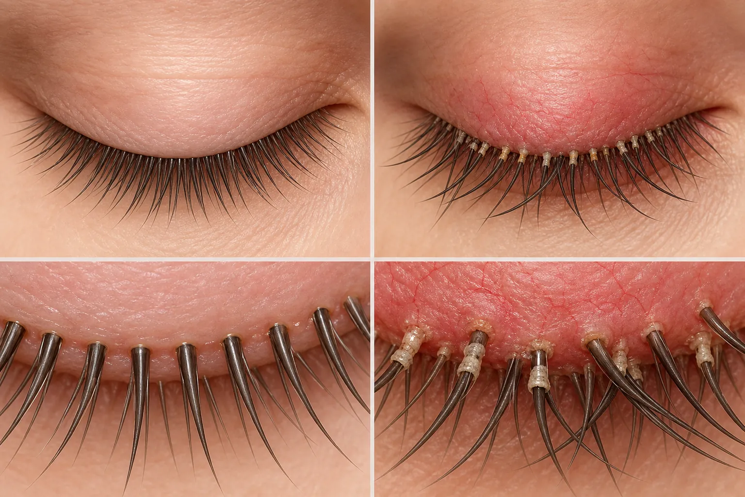Educational comparison of a healthy eyelid margin and Demodex blepharitis with collarettes at the eyelash roots