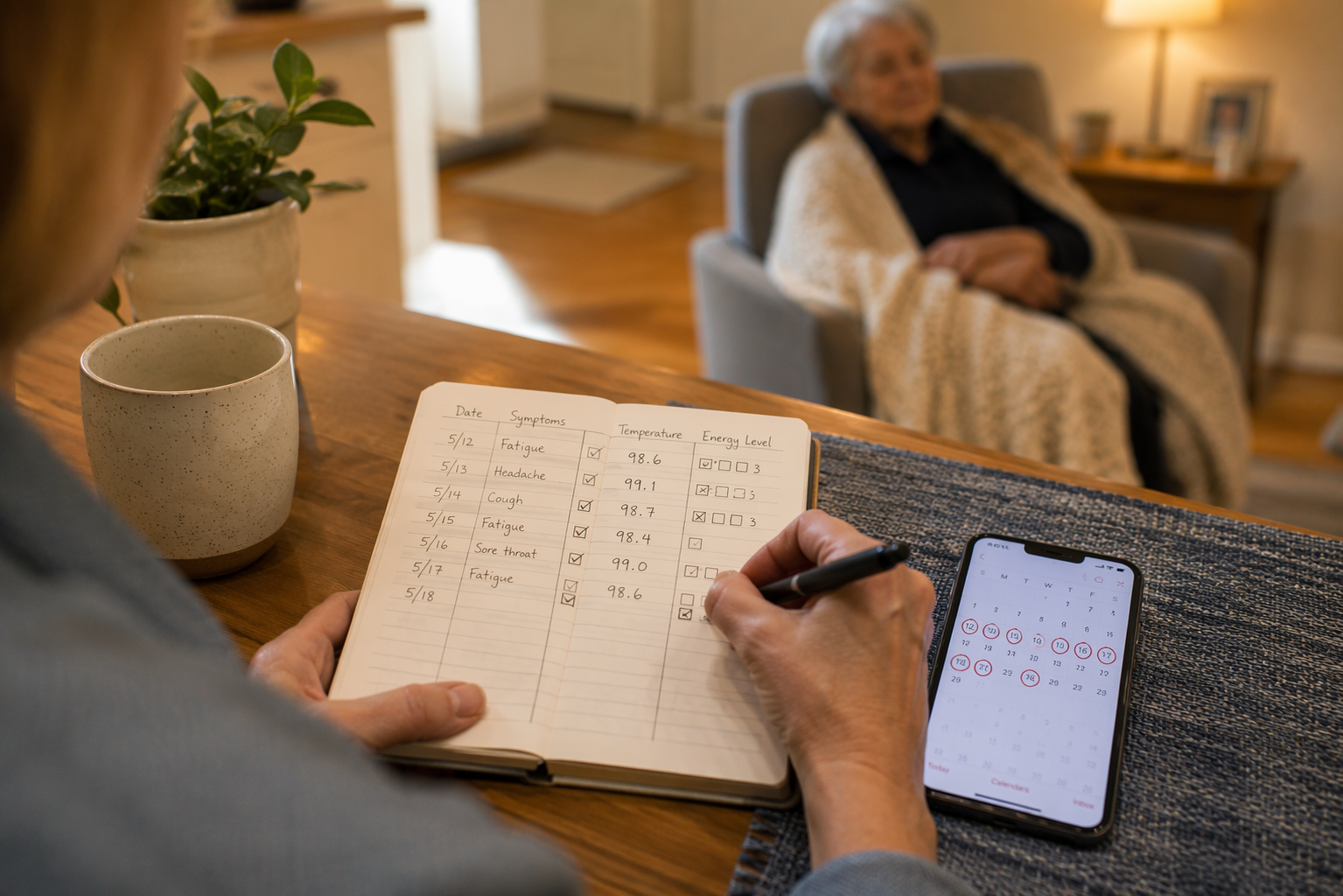 Hands writing a symptom log while an elderly person rests in the background