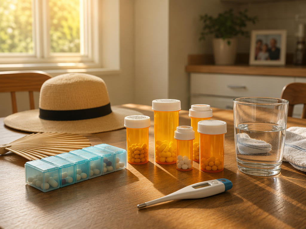 Prescription bottles, weekly medication organizer, glass of water, and digital thermometer on a warm kitchen table