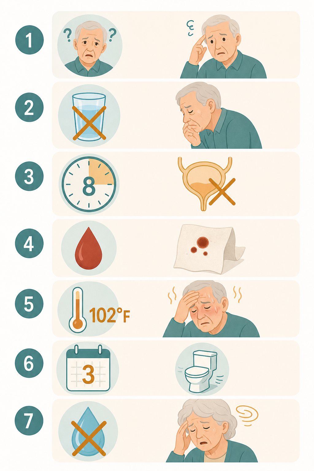 Infographic showing seven emergency warning signs for older adults with possible food poisoning