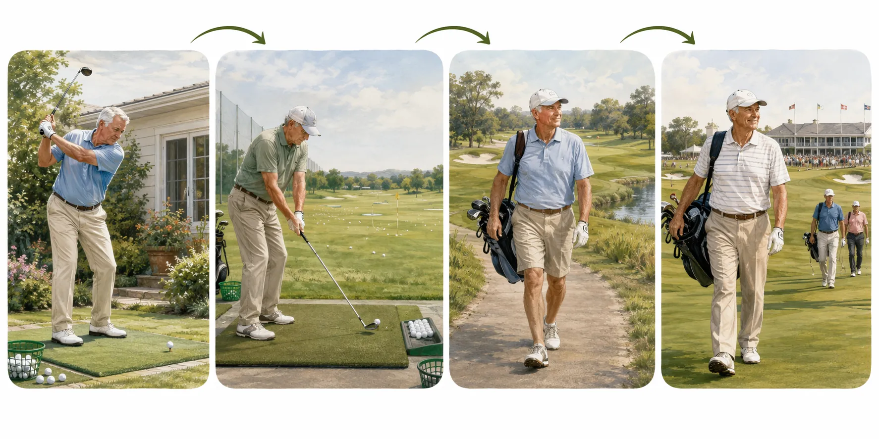 Illustration of a senior golfer progressing from backyard swing practice to driving range, 9-hole play, and full tournament course