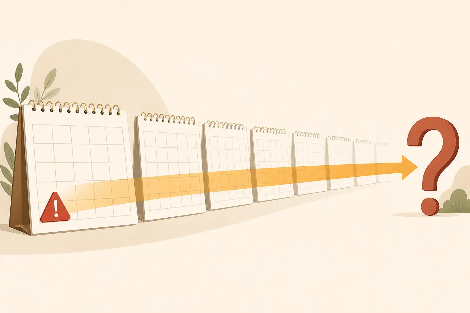 Calendar pages with warning symbol and long arrow showing that Listeria symptoms can appear weeks later