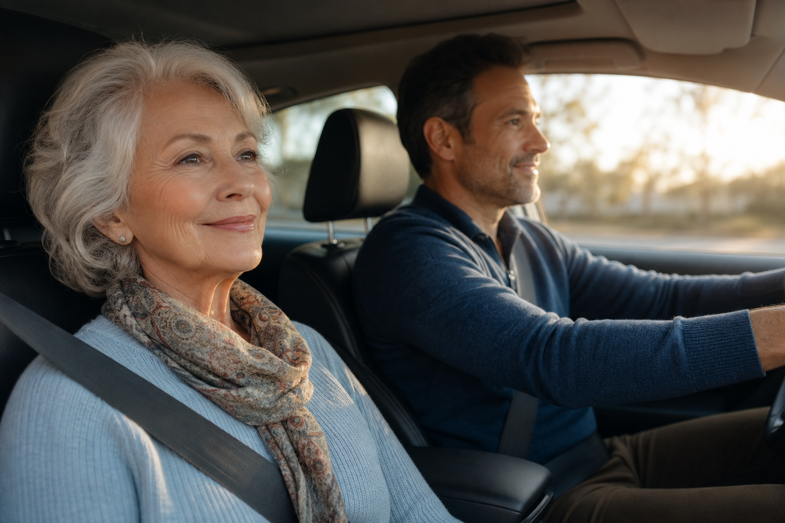 An older woman with silver hair sitting in the passenger seat of a car, smiling gently while a middle-aged adult drives beside her.