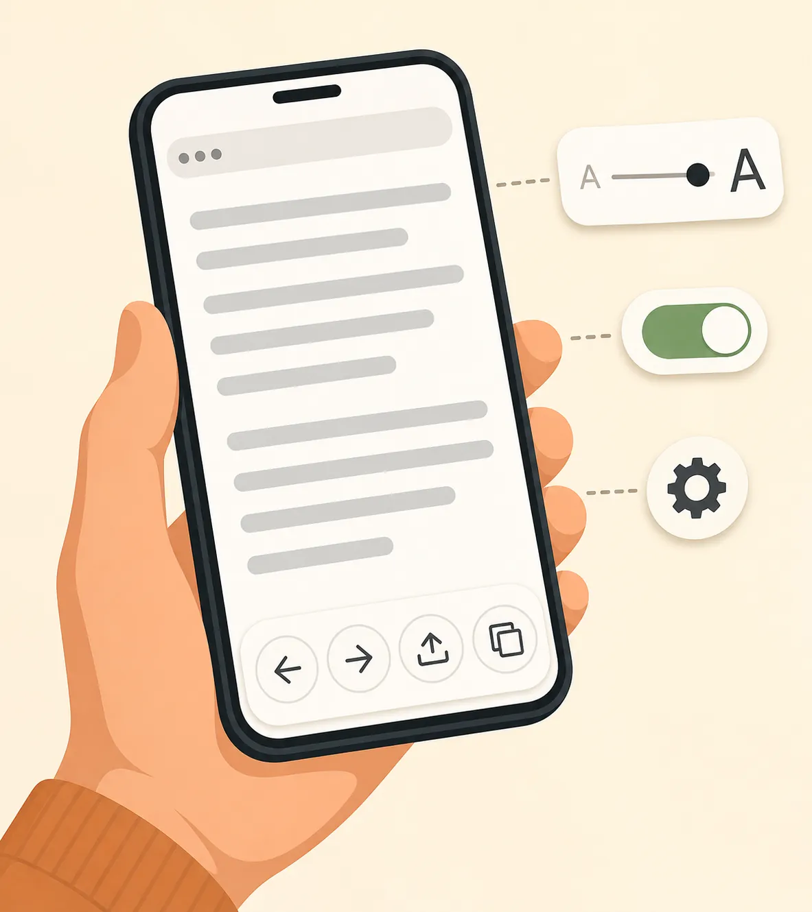 Illustration of an iPhone browser with bottom toolbar icons and controls for text size and settings