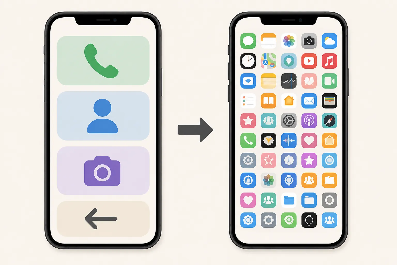 A simplified phone interface with large tiles beside a dense grid of small app icons