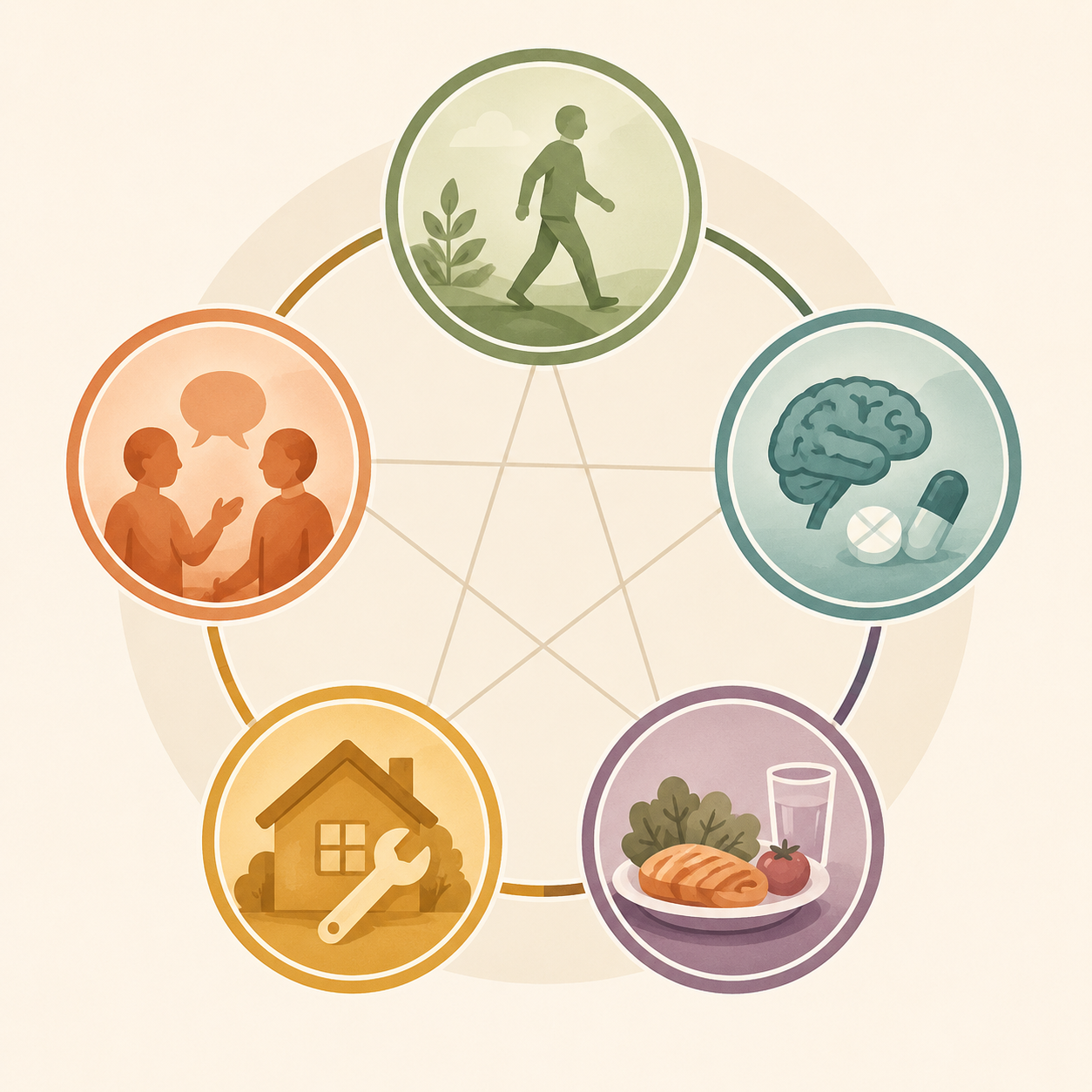 Infographic showing five connected areas of daily function: mobility, cognition and medication, nutrition, home maintenance, and social wellbeing
