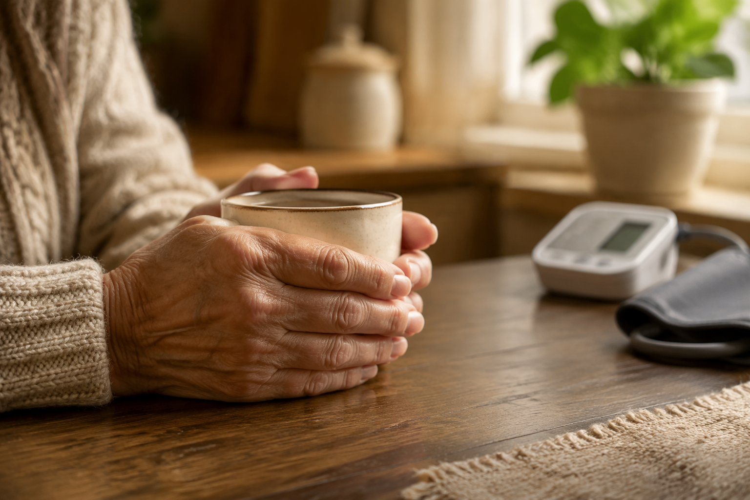 Elderly person holding a warm coffee mug with a blood pressure monitor in the background