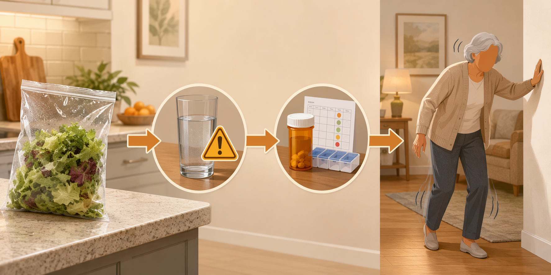 Chain reaction from contaminated salad to dehydration, medication concerns, and fall risk