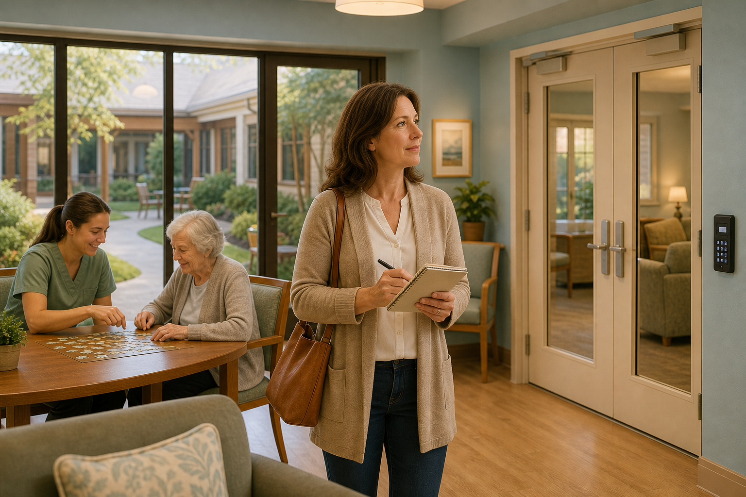 Interior scene of an adult child touring a memory care community, standing in a bright common area with natural light, observing a secure enclosed courtyard visible through glass doors.