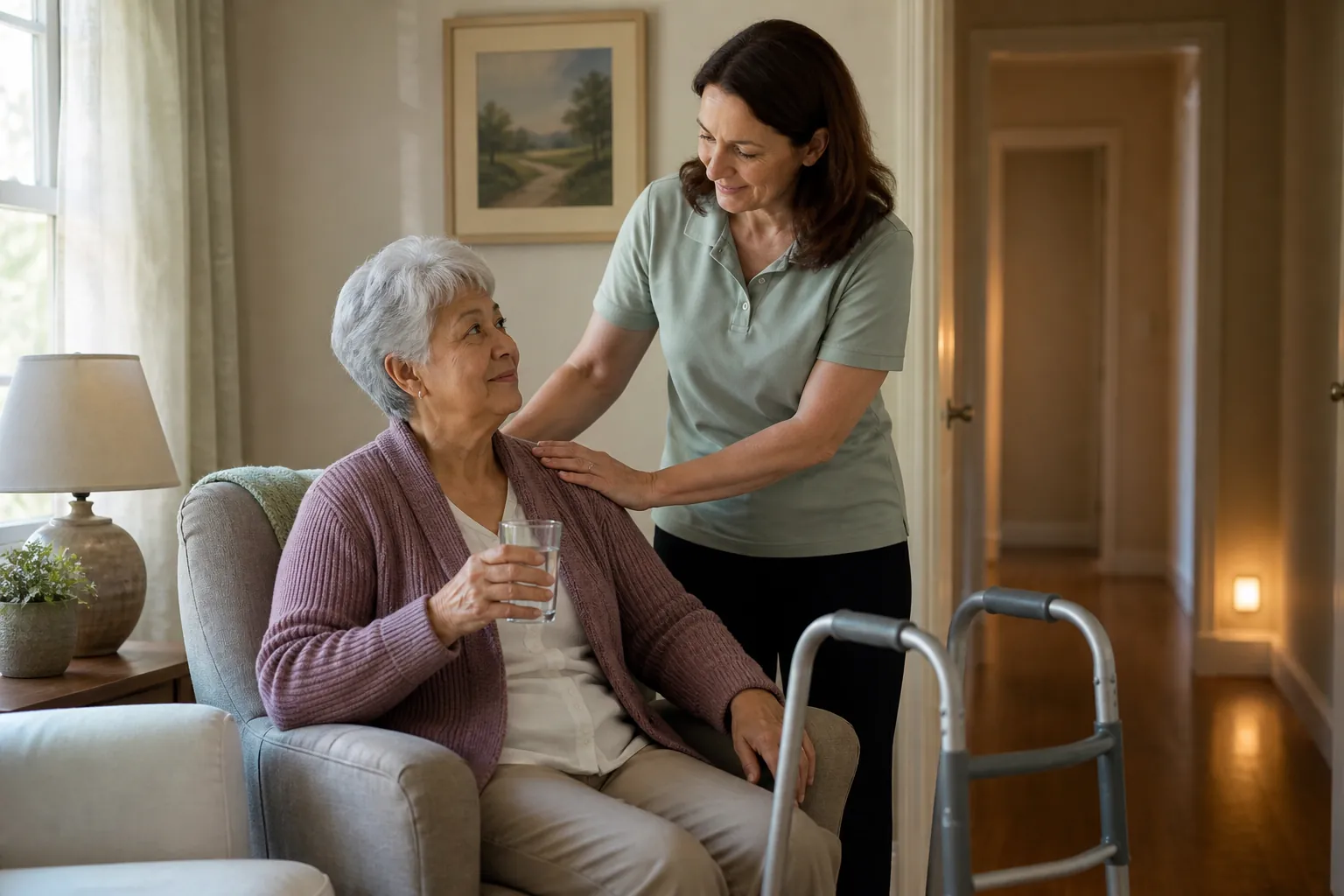 An older adult holding a glass of water while a caregiver steadies them beside a walker in a calm living room.