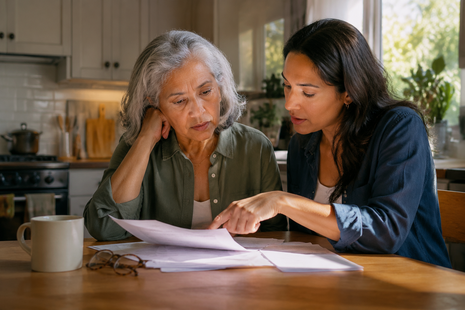 Older adult and middle-aged daughter reviewing lease papers and bills at a kitchen table