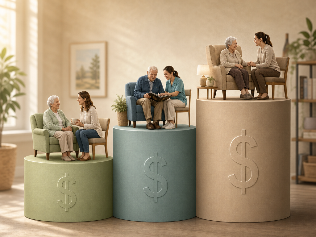 Editorial illustration showing three tiered platforms in ascending height representing increasing cost levels for assisted living (lowest, sage green), memory care (mid-height, muted teal), and nursing home (tallest, warm beige-taupe).