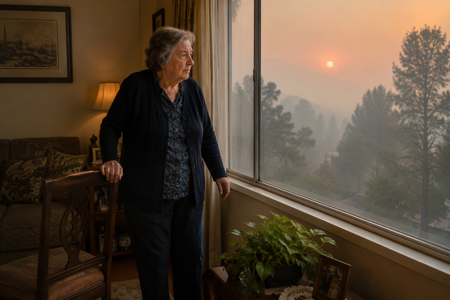 Older adult woman indoors steadying herself on a chair while smoky air is visible outside