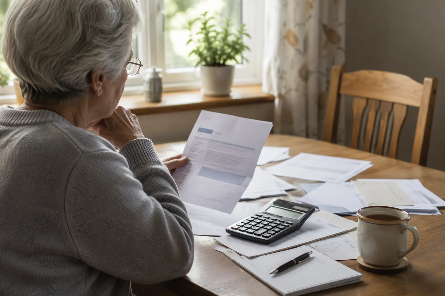 An older person reviews financial documents at a kitchen table with a calculator and opened letter nearby.