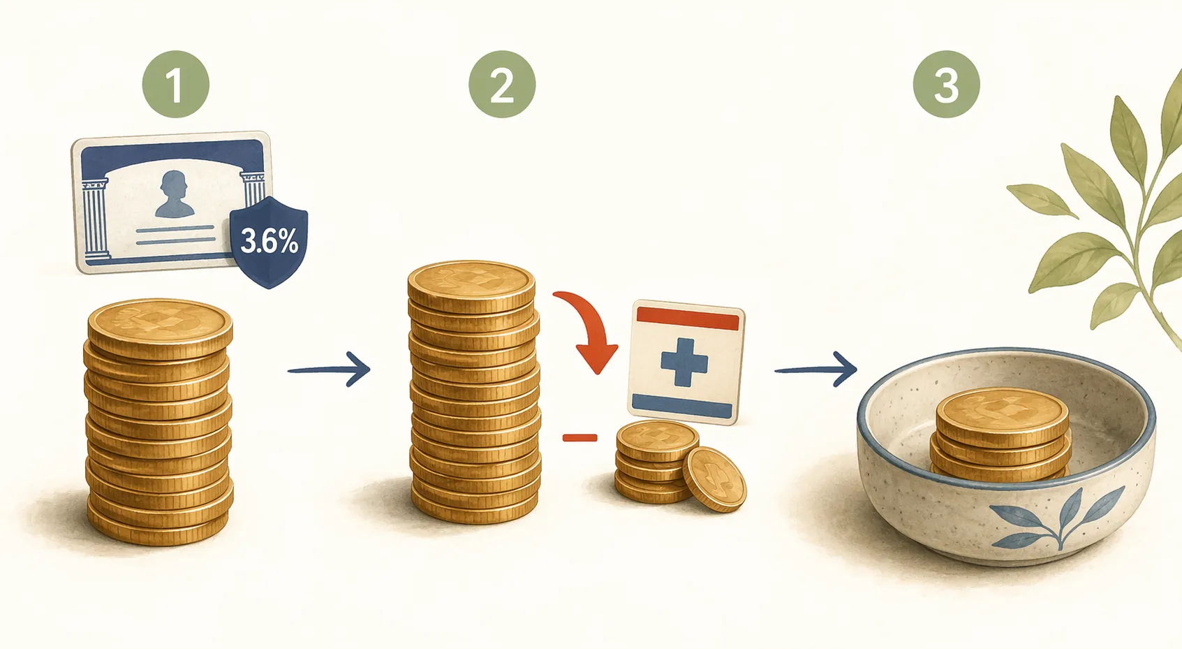 Illustration showing a Social Security increase reduced by Medicare costs with remaining coins as the net amount