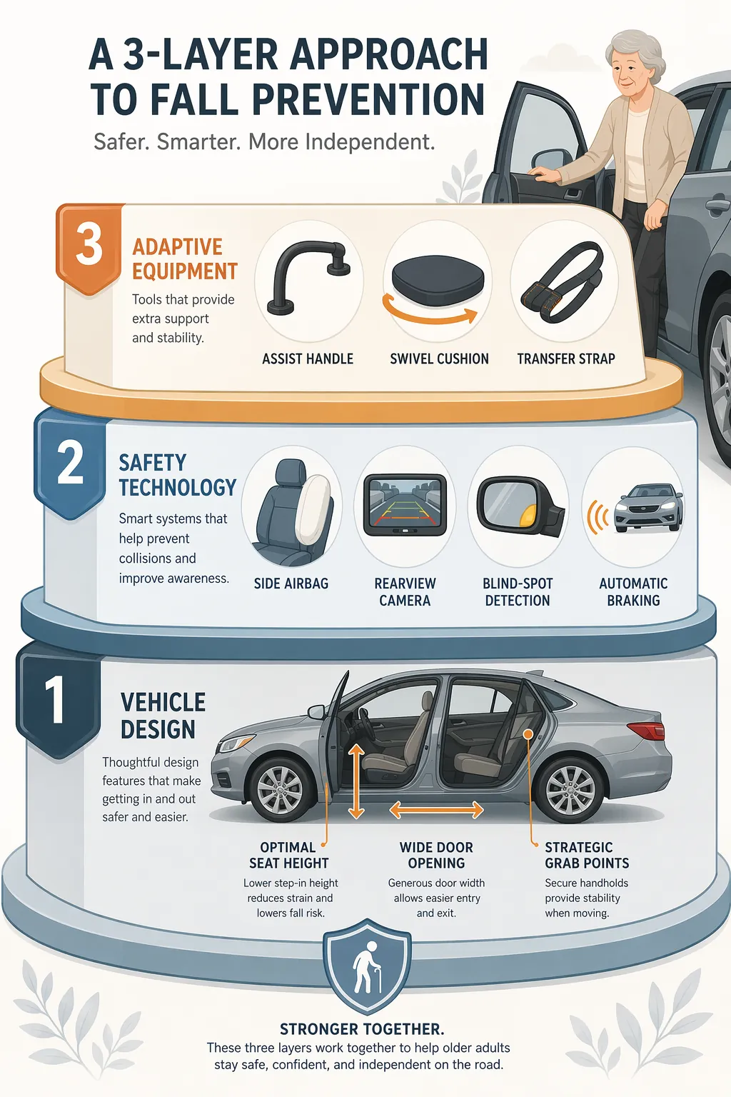 Diagram of vehicle design, safety technology, and adaptive equipment as three protective layers for safer car entry and exit