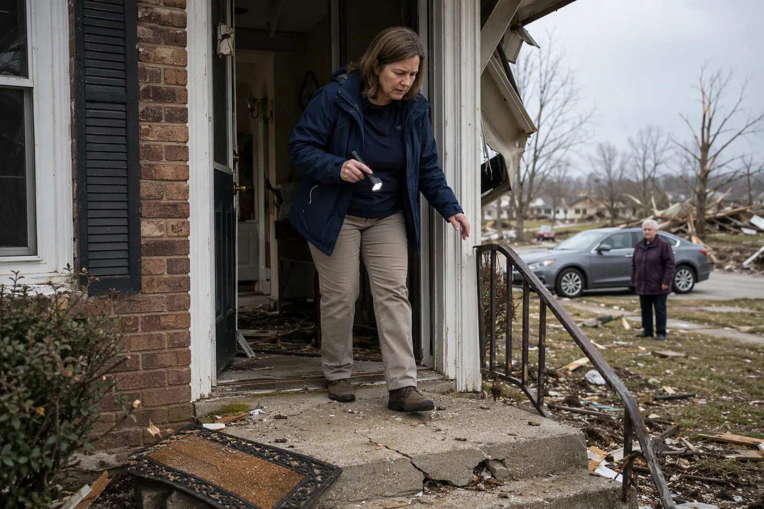 Caregiver with a flashlight inspecting a cracked step and displaced doormat while an older adult waits near a car