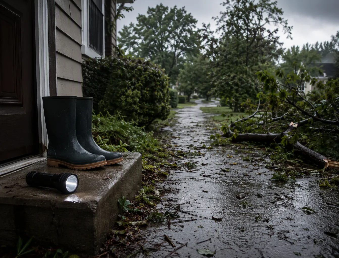 Wet residential walkway after a severe storm with fallen branches, leaves, debris, boots, and flashlight near the doorstep