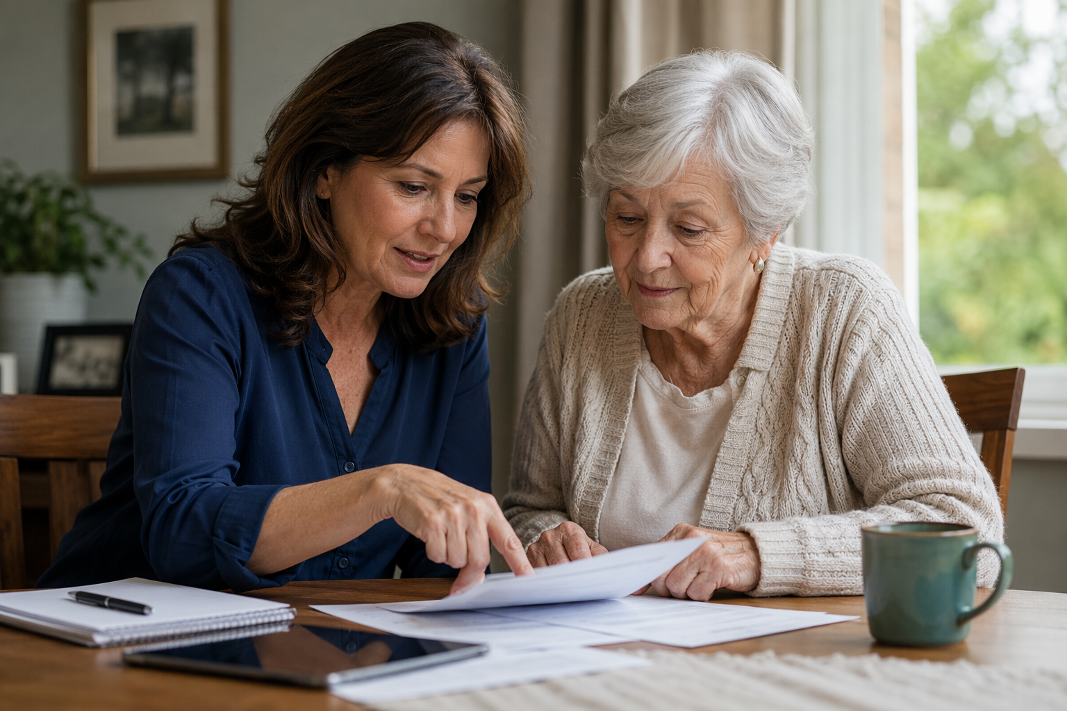 Adult daughter and elderly mother reviewing financial documents together at a home dining table