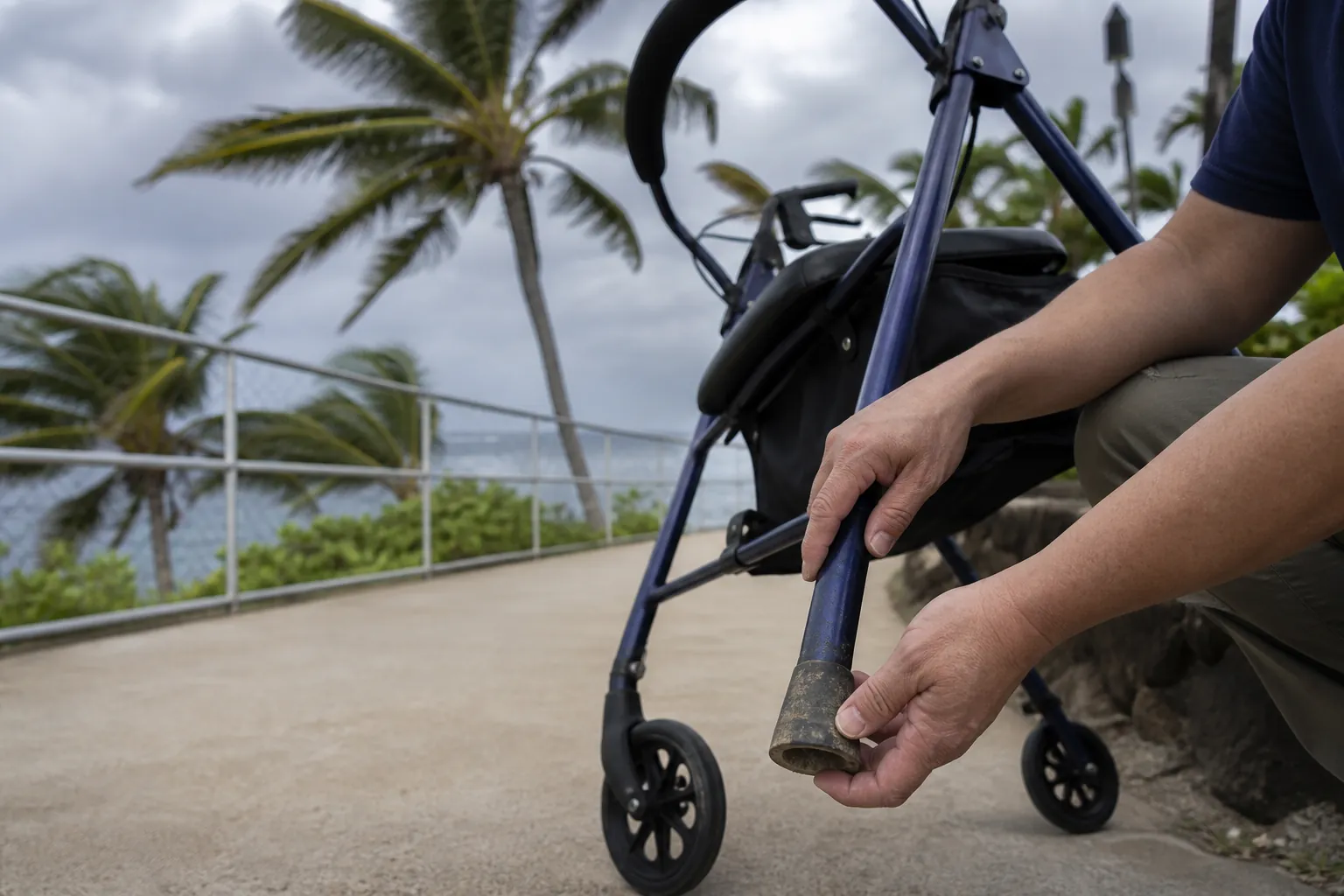 Caregiver checking the rubber tip of an older adult's walker on an outdoor Hawaii walkway