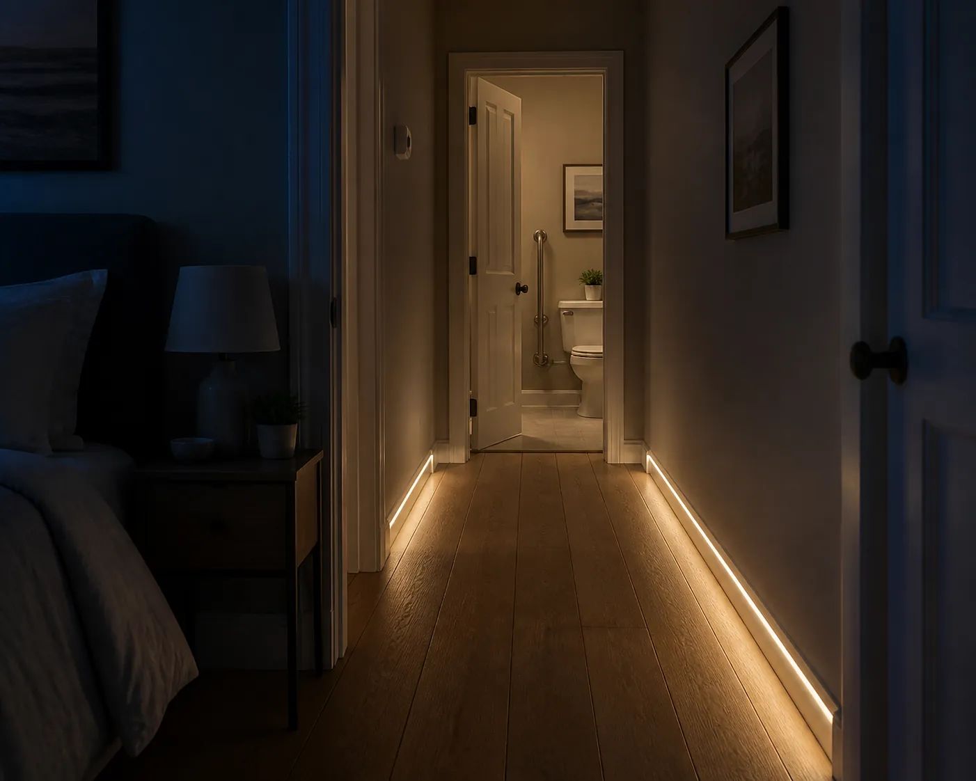Dim nighttime hallway with low-level lighting, a clear floor, and a bathroom grab bar visible near the toilet