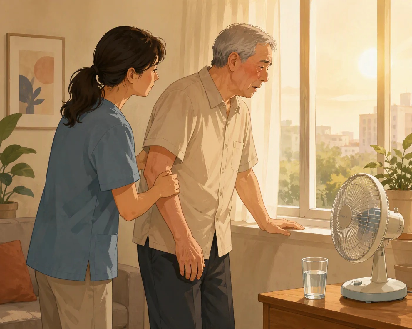 Caregiver supporting an older man who looks flushed and unsteady in a warm apartment